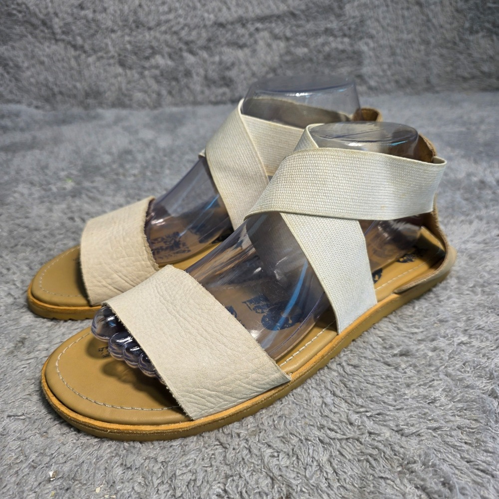 Sorel Ella Sandals Beige Leather Elastic Lightweight Flats Women 9 Excellent